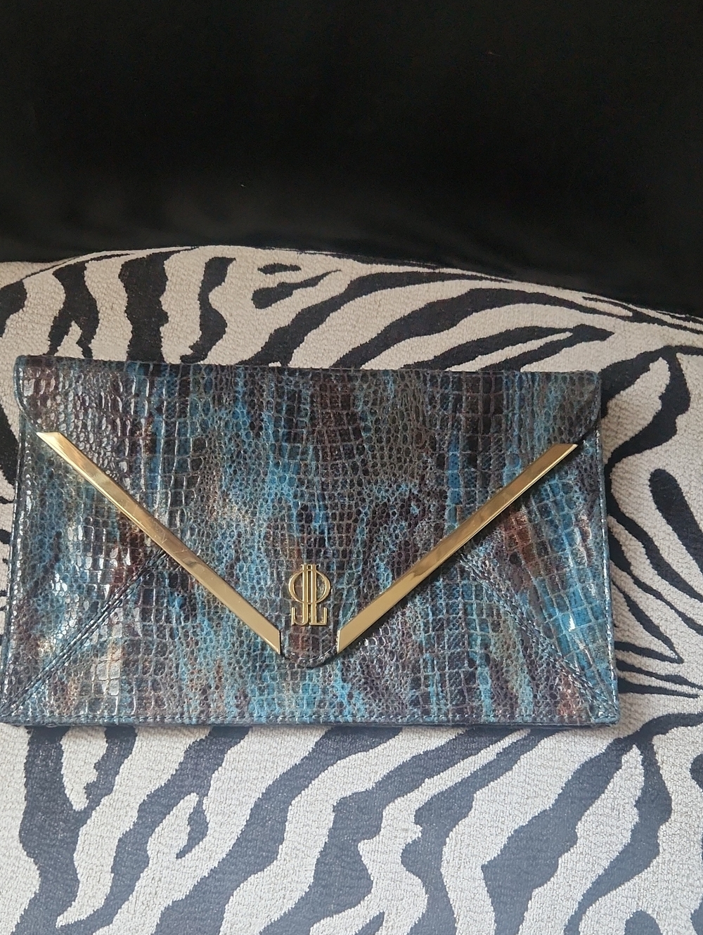 Blue Croc-Embossed Envelope Clutch with Gold Trim